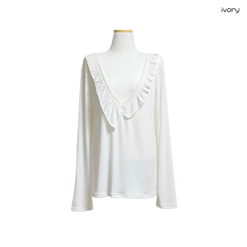 (3color) Ruffle Deep V-neck Slim Long Sleeve Tee