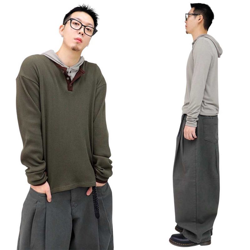 Basic Henley Neck Hooded Sleeve Long Sleeve Tee