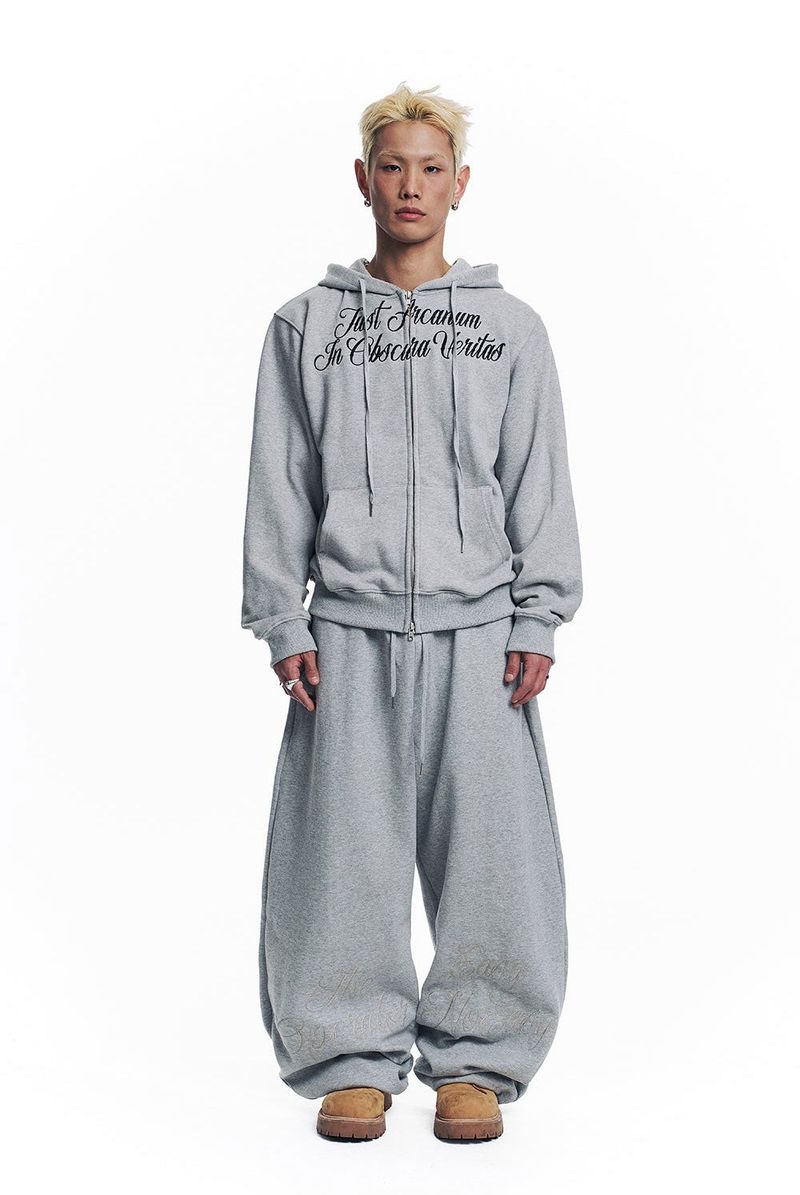 Lettering Embroidered Hoodie Zip-Up - Gray