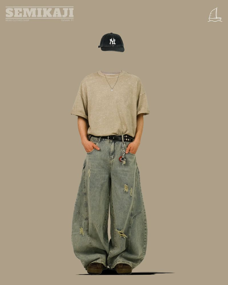 EE CURVED DAMAGE DENIM PANTS