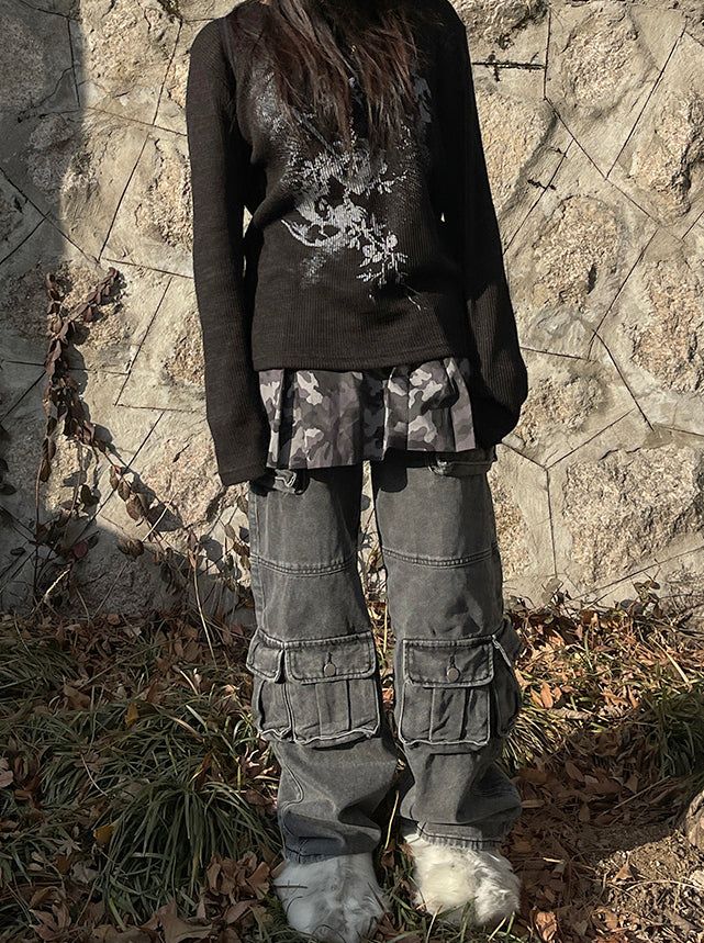 Pocket Camo Pleats Skirt