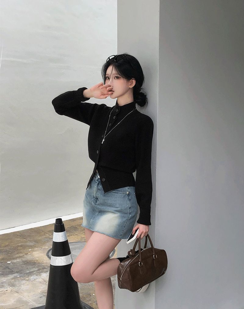 [BELLIDE MADE] semi-high-neck knit cardigan