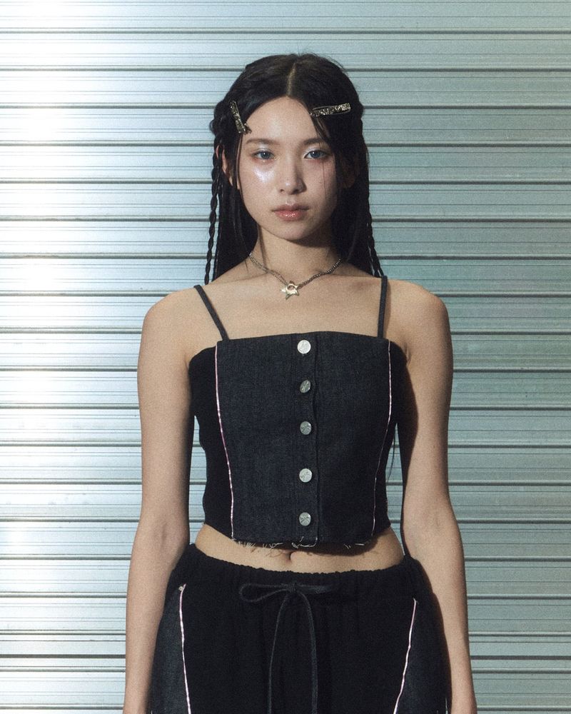 denim combi top - black
