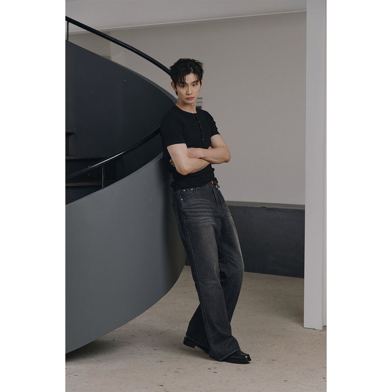High ribbed henry neck half sleeves(Black)