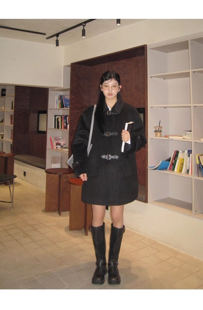 wool black collar buckle half coat