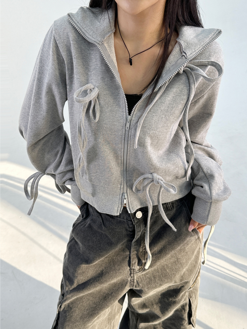 BOW HIGH-NECK HOOD ZIP-UP🖤🩶 - 2 COLORS