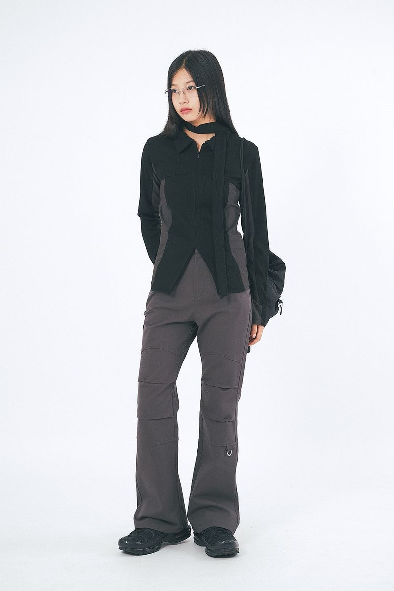 D-ring incision pintuck cotton bootcut pants
