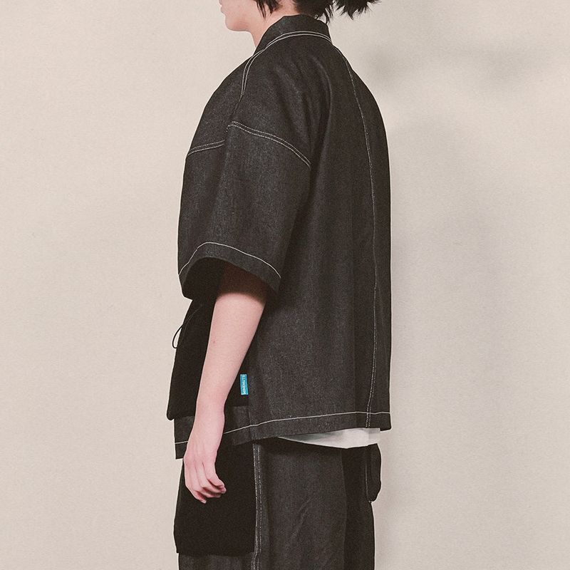 reverse terry pocket denim shortsleeve shirt_black
