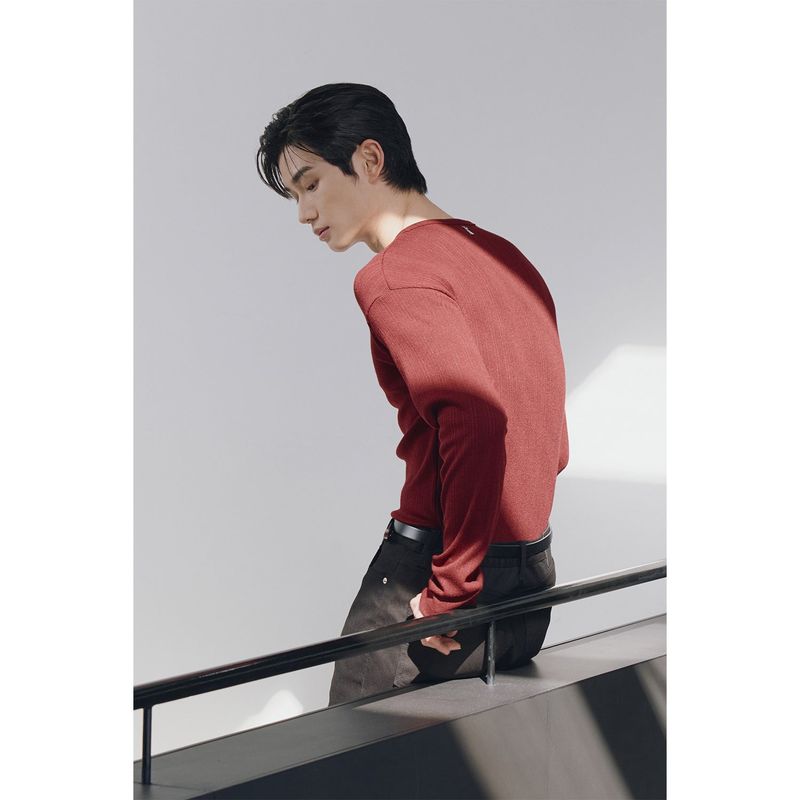 Leather ribbed henry neck long sleeves(Burgundy)