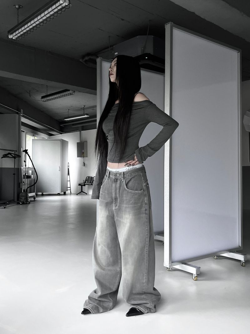 gray shirring washed denim