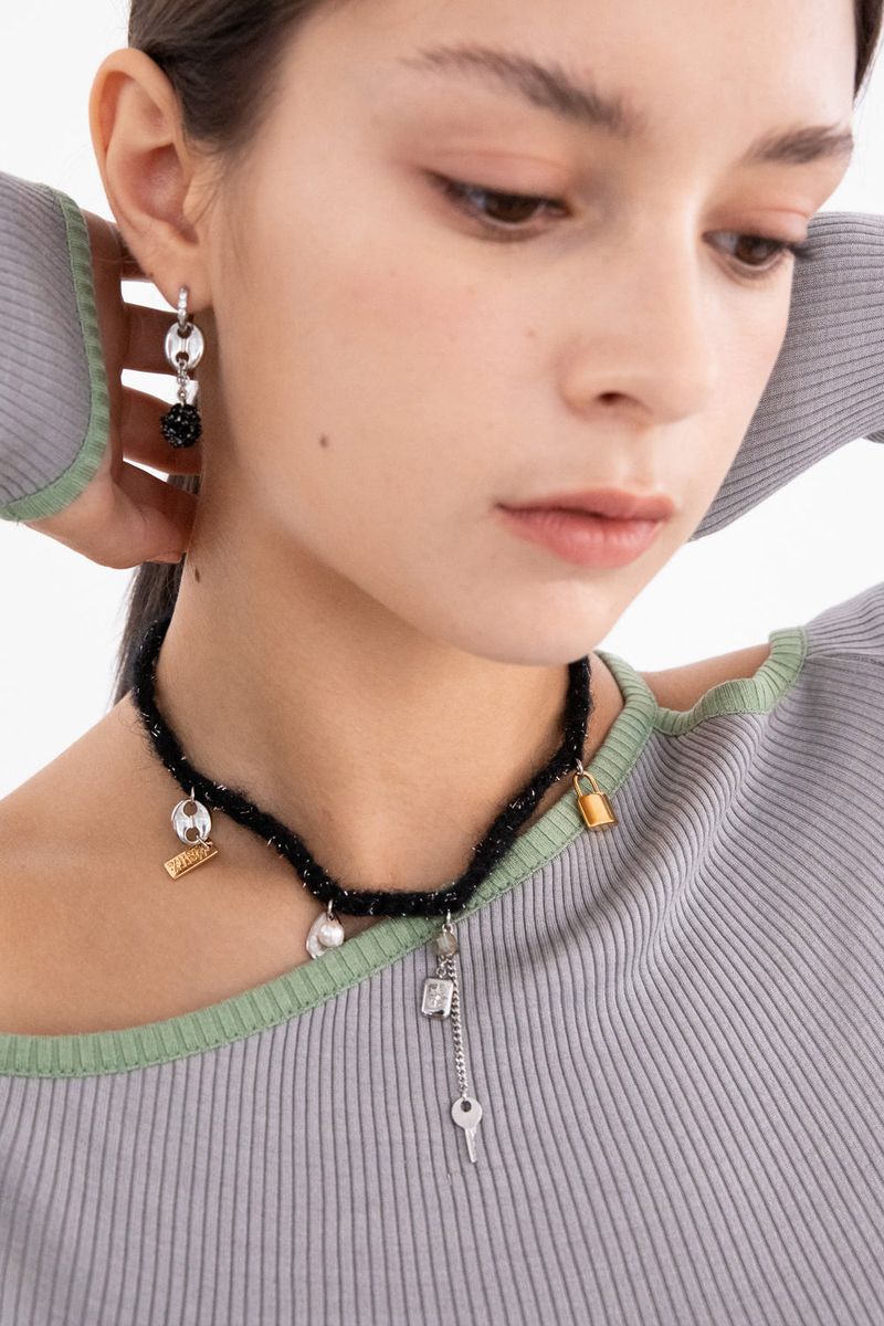 Wool black knit with unique objects necklace