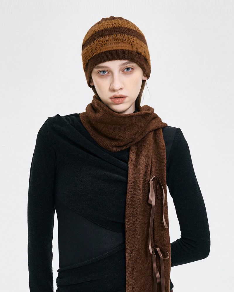 Ribbon Tied Beanie _ BROWN