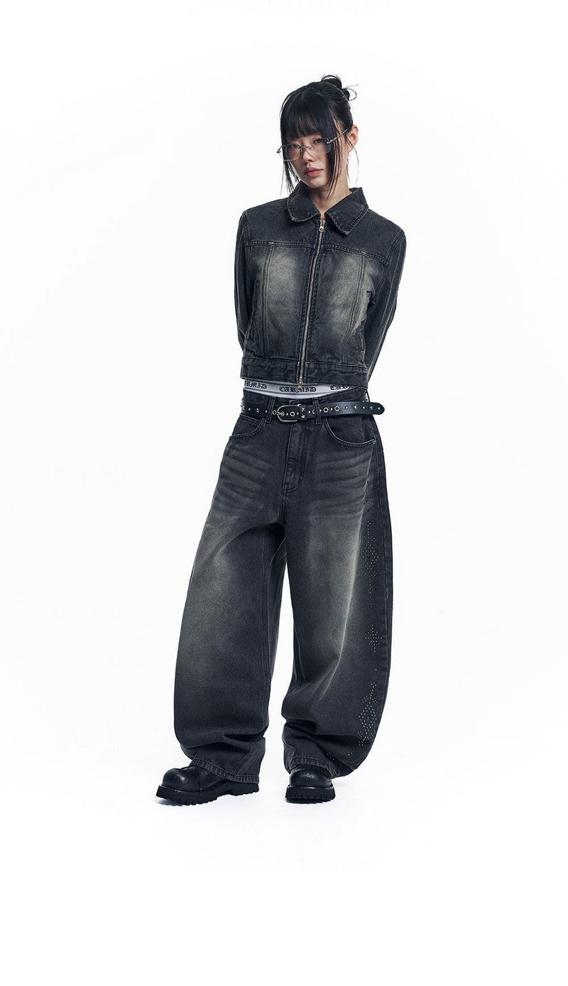 Curved Western Stud Denim Pants - Black