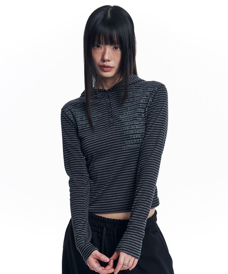 EASY NO EASY(イージーノーイージー)の「Henley Neck Stripe Hood Long Sleeve - Black(Tops)」