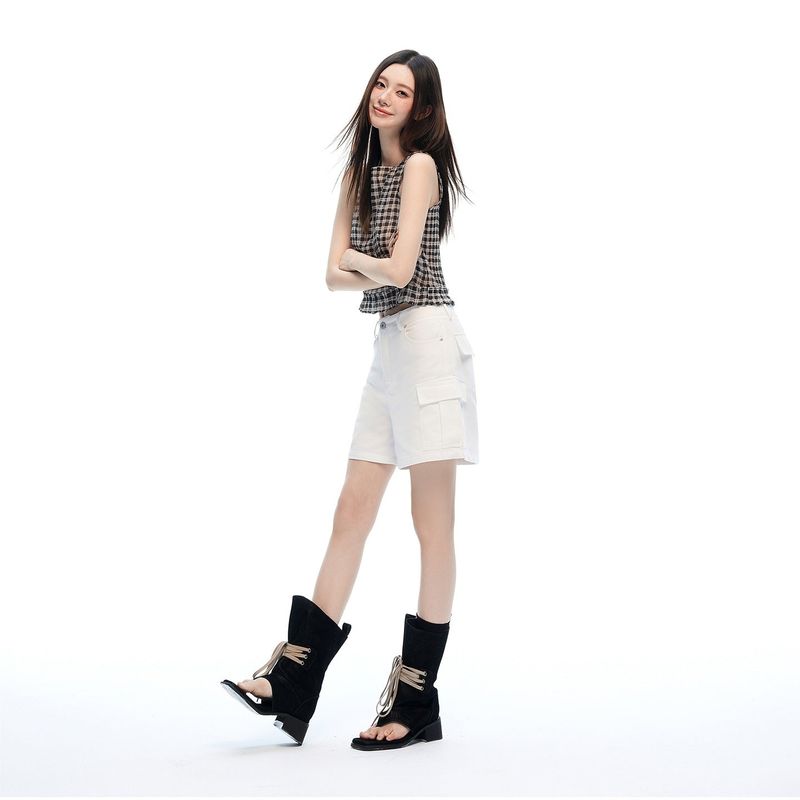Mid Rise White Cargo Wide Leg Bermuda Shorts