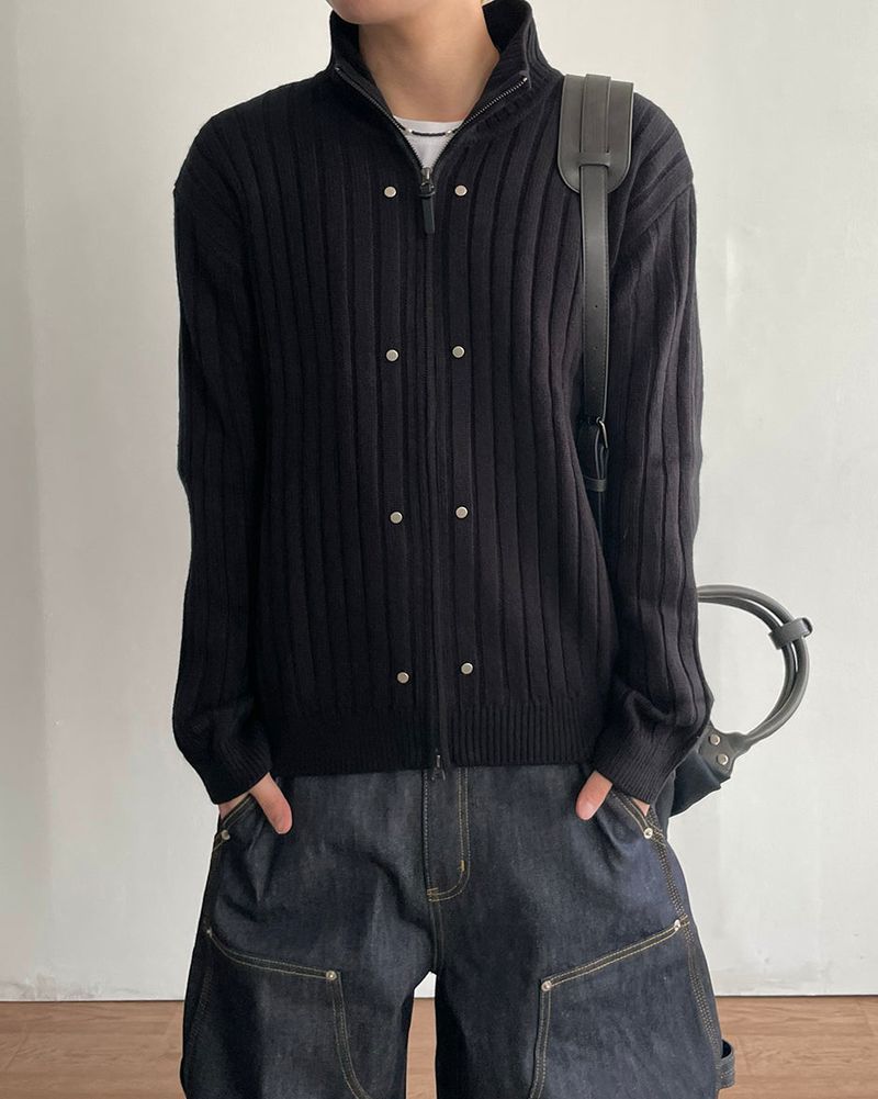 Dot Rivet Ribbed Knit Zip-up