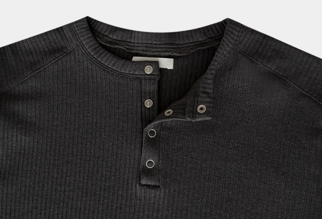 Look Authentic Ribbed Snap Button Henry Neck Slim Fit Knit Long Sleeve Ty