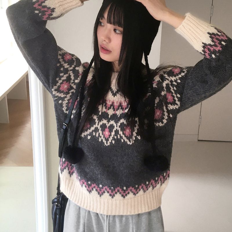 [Wool 10] Candle Heart Nordic Pattern Round Knit