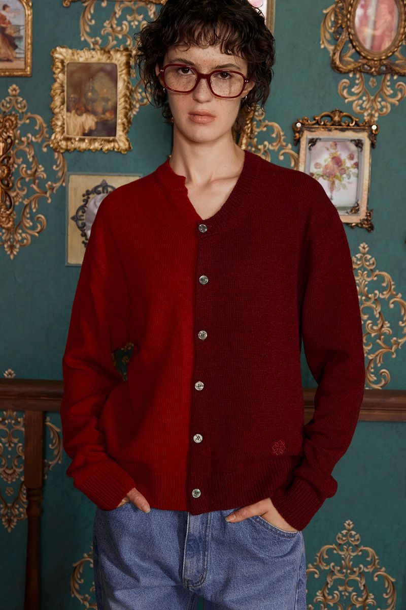 ASYMMETRY WOOL CARDIGAN / WINE&RED