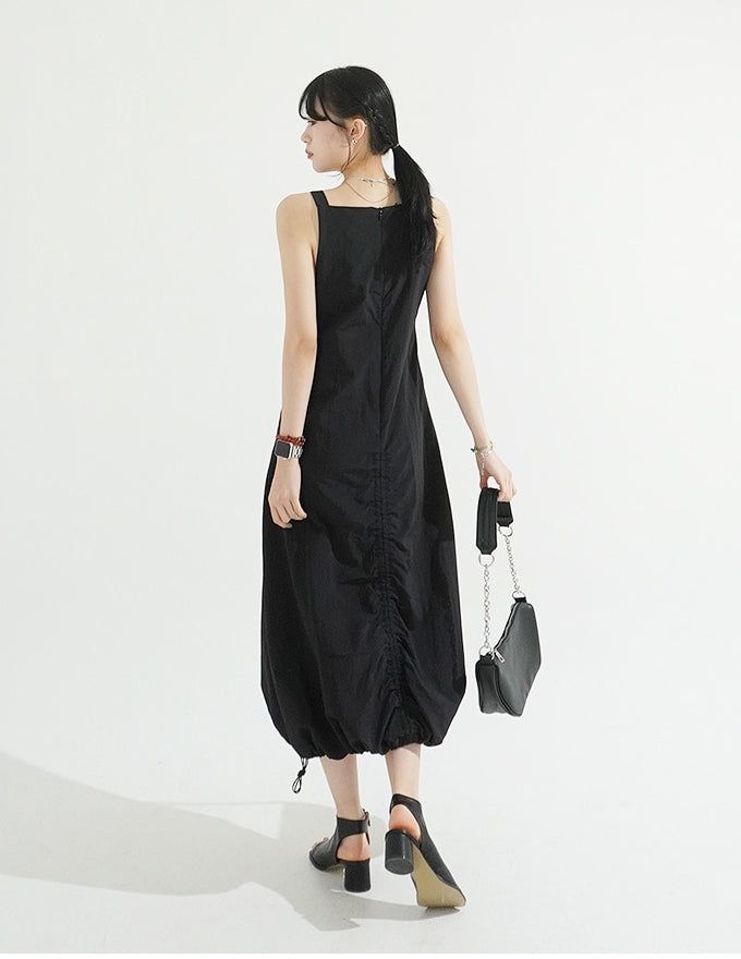 String Shirring Balloon Long Dress