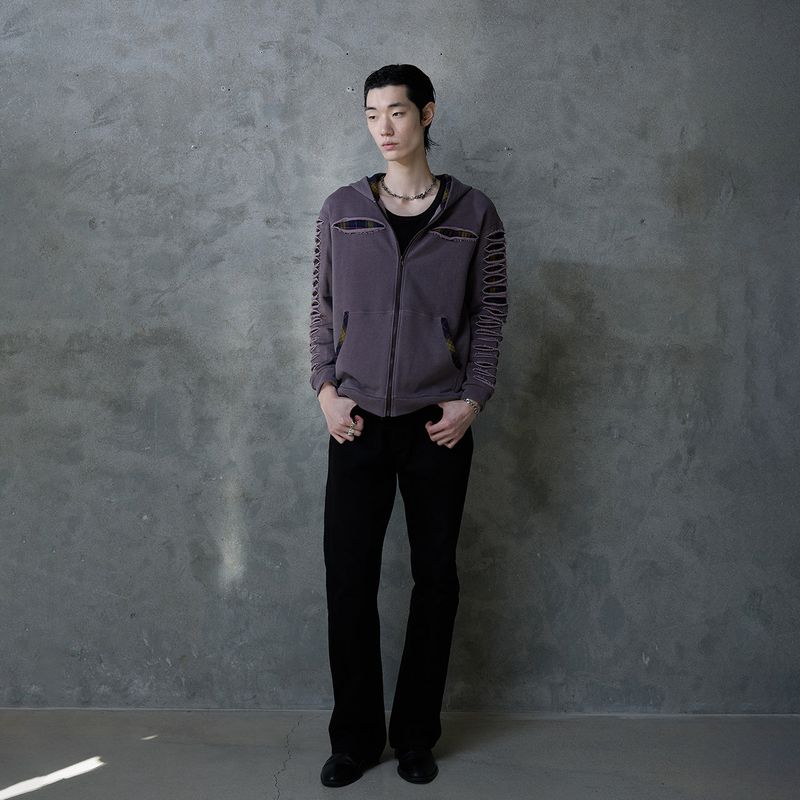 SLASHED CHECK HOODIE: PURPLE
