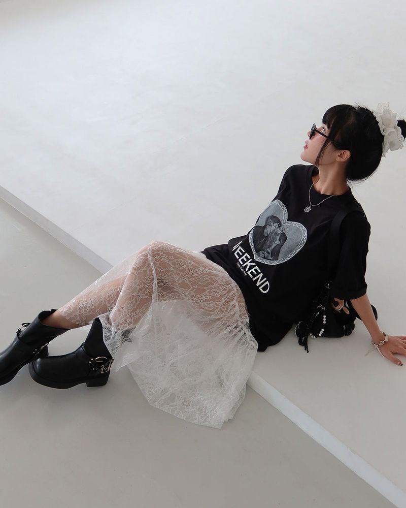 lace see-through flare layered maxi long skirt
