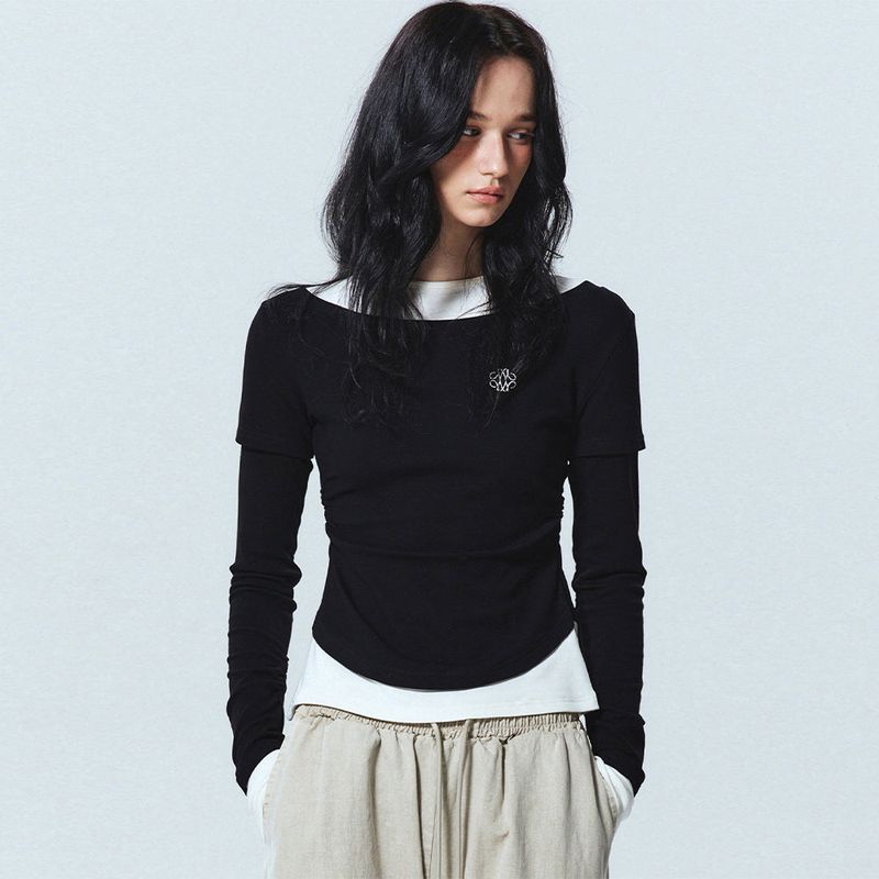 NICK&NICOLE(ニック&ニコール)の「NICOLE SHRRING LAYERED SLEEVE TOP_BLACK(Tops)」