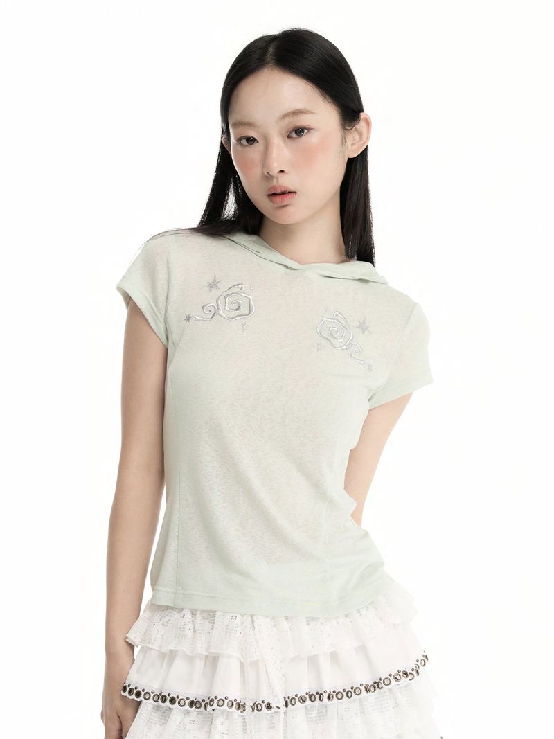 CONFUN Embroidered Silver Thread Patterned Split Design Semi-transparent Linen Fabric Tight-Fitting Hooded Short-Sleeved T-Shirt