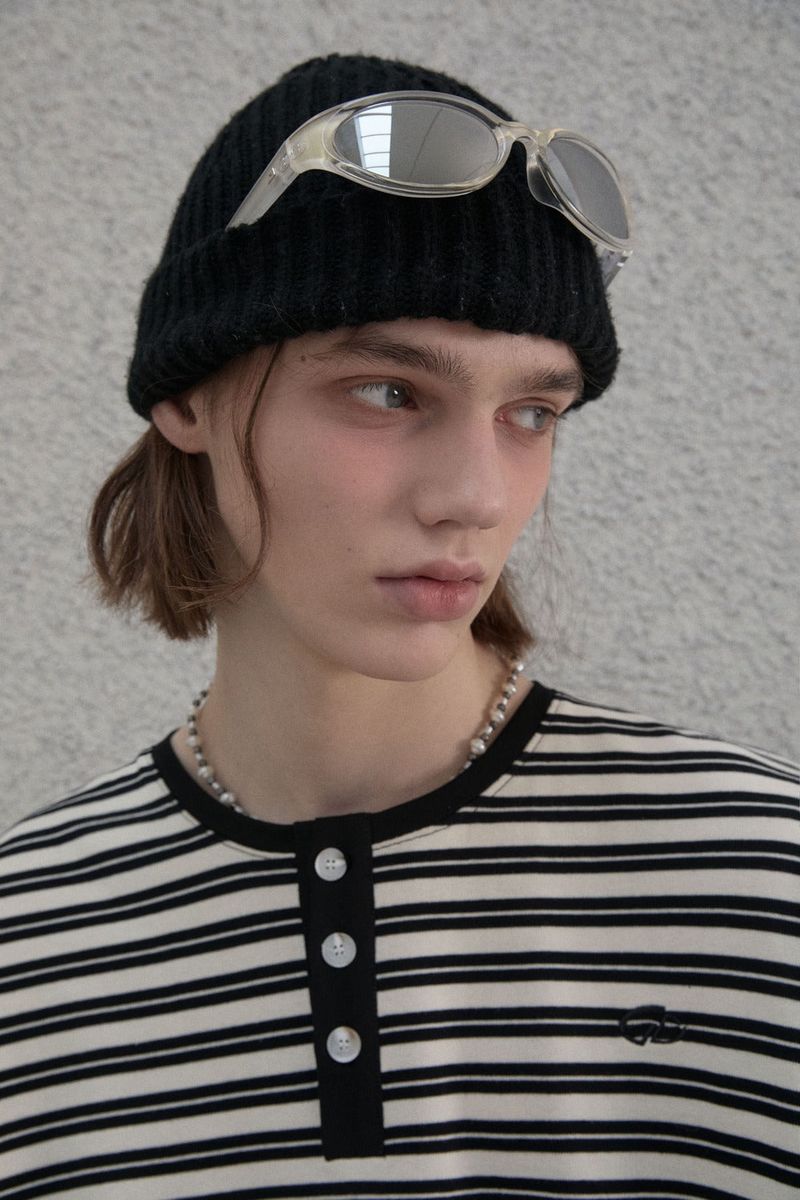Stripe Henry neck T-shirt - Black