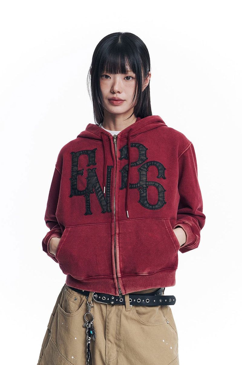 Washed Leather Patch Hooded Zip-Up - Wine
