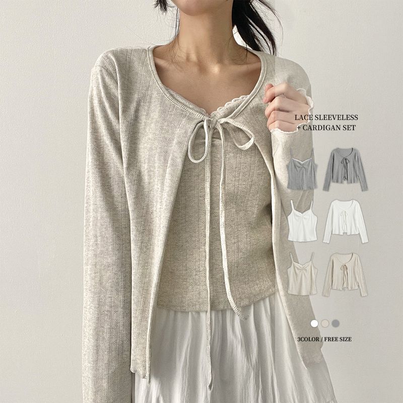 Wavy ribbon + cardigan two-piece SET