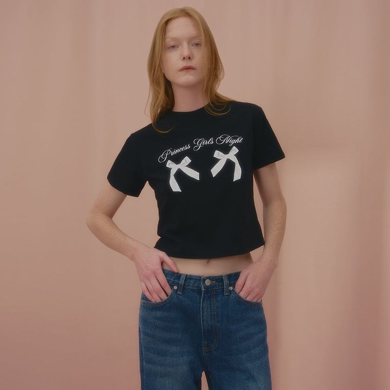 NCOVER(エンカバー)の「PRINCESS TWIN RIBBON CROP TSHIRT-BLACK(Tops)」