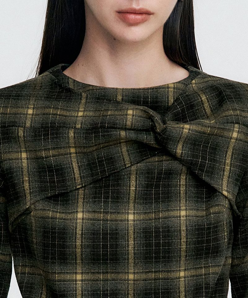 Twisted Check High-neck Top _ KHAKI