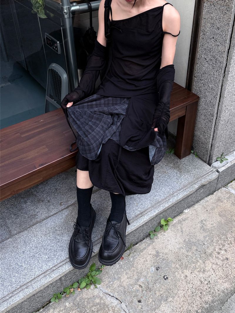 CHECK SHIRRING LAYERED SKIRT