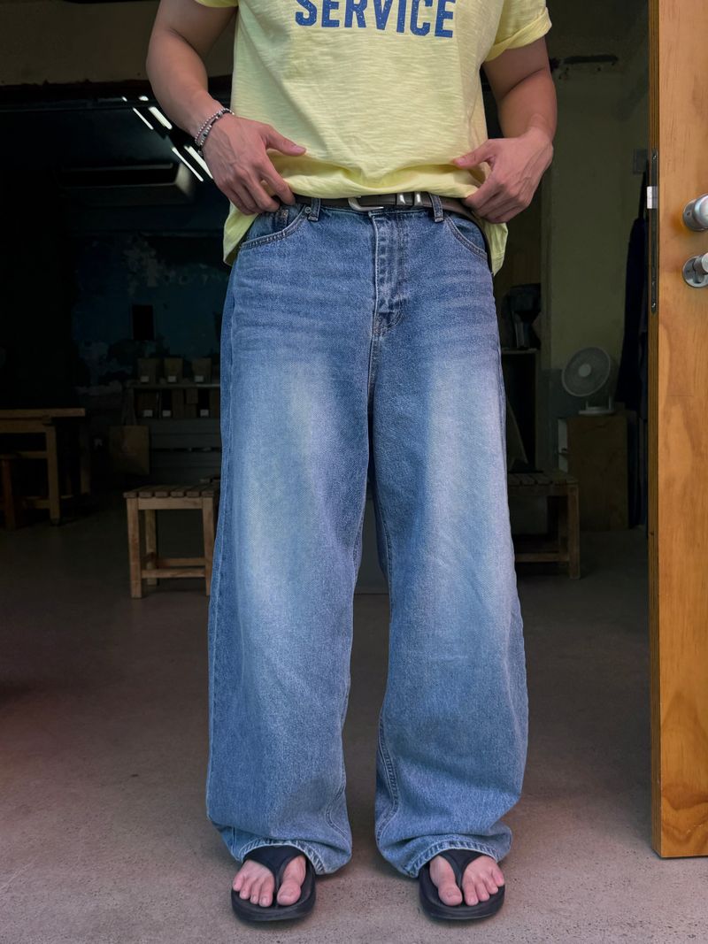 Embossed straight wide denim pants