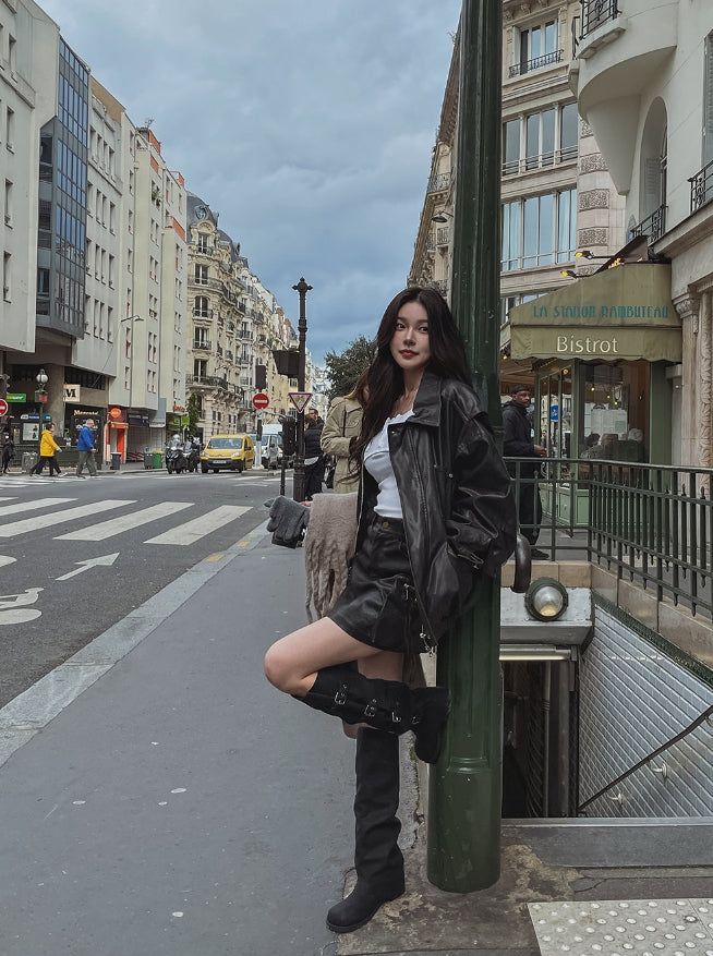 Teen vintage puffer work leather jacket