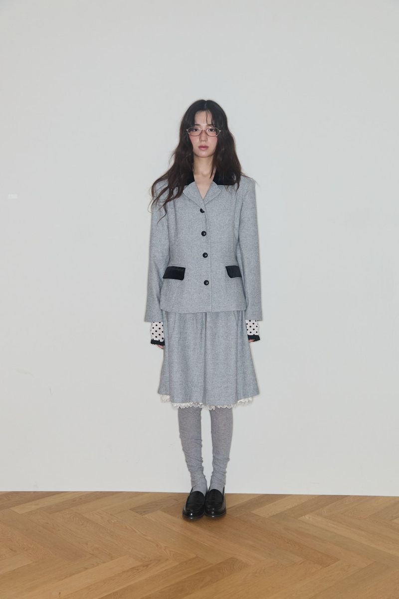 BOW MIDI WOOL SKIRT (GREY)