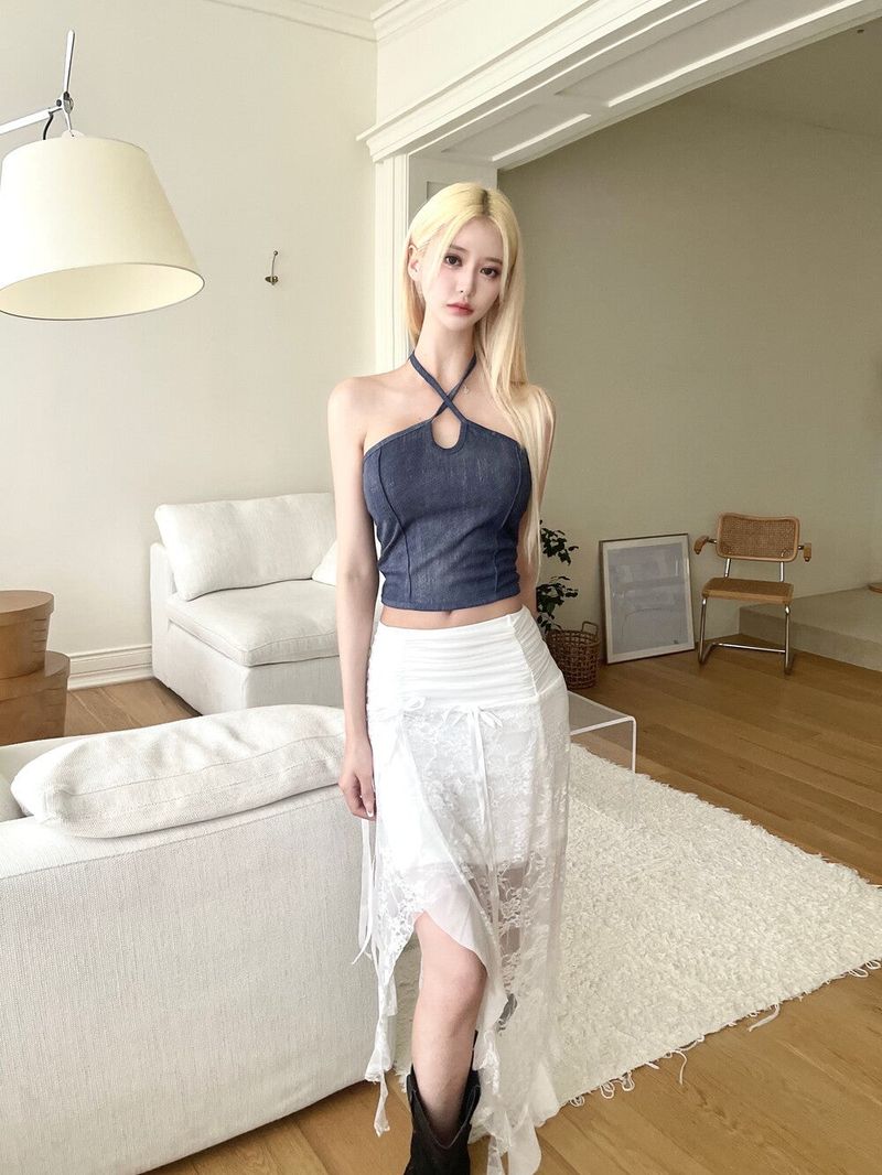 1371. Denim halter strap top (2color)