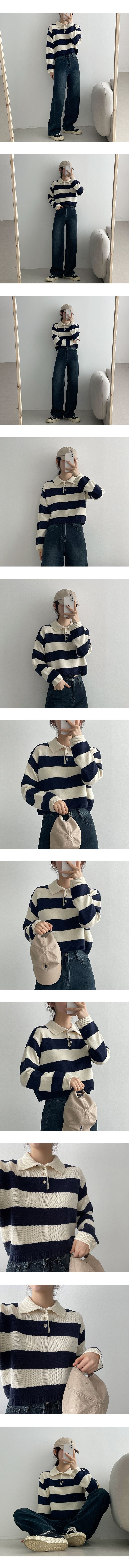 Color stripe button collar knitwear