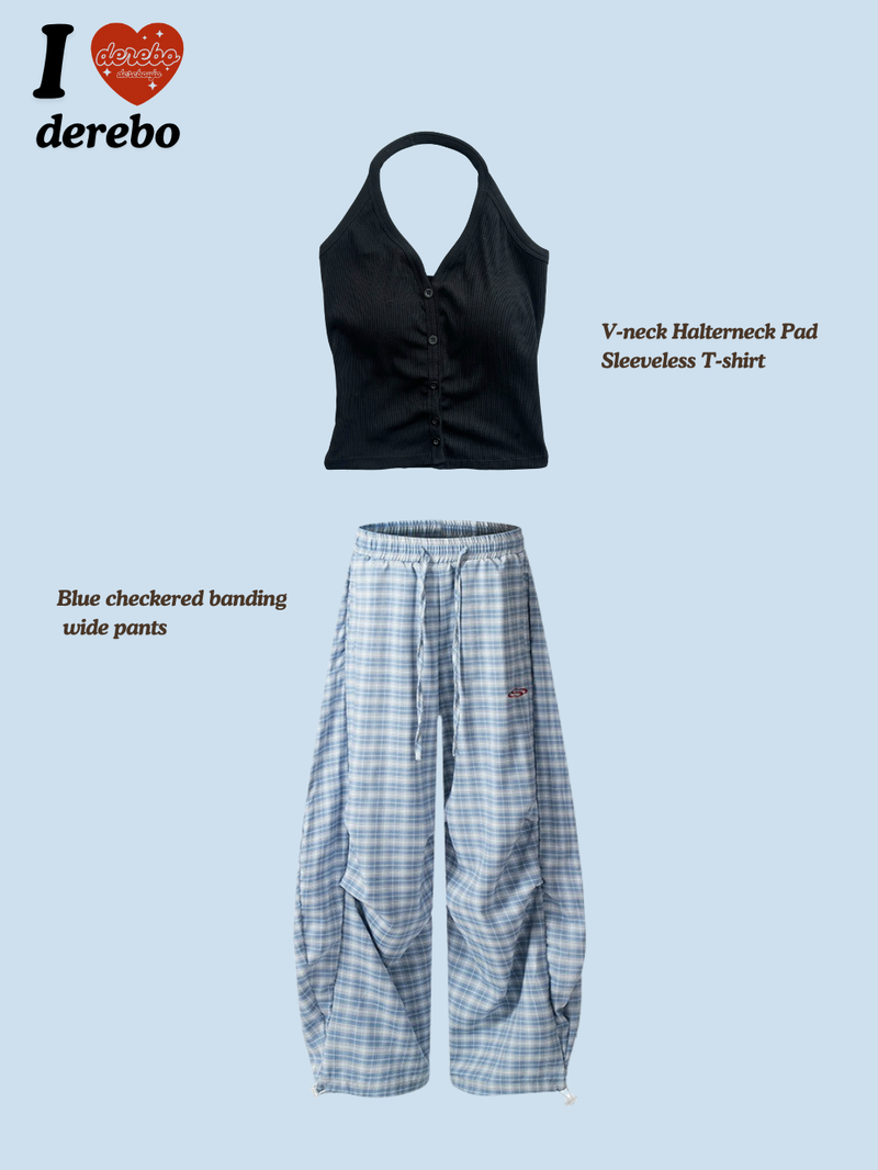 Blue checkered banding wide pants