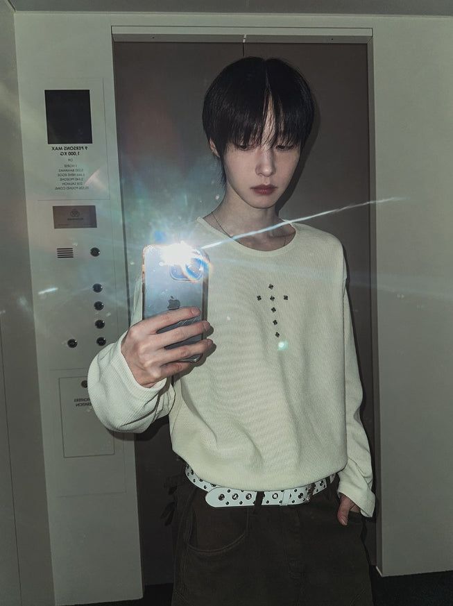 Crossing Rivet Ribbed Long Sleeve
