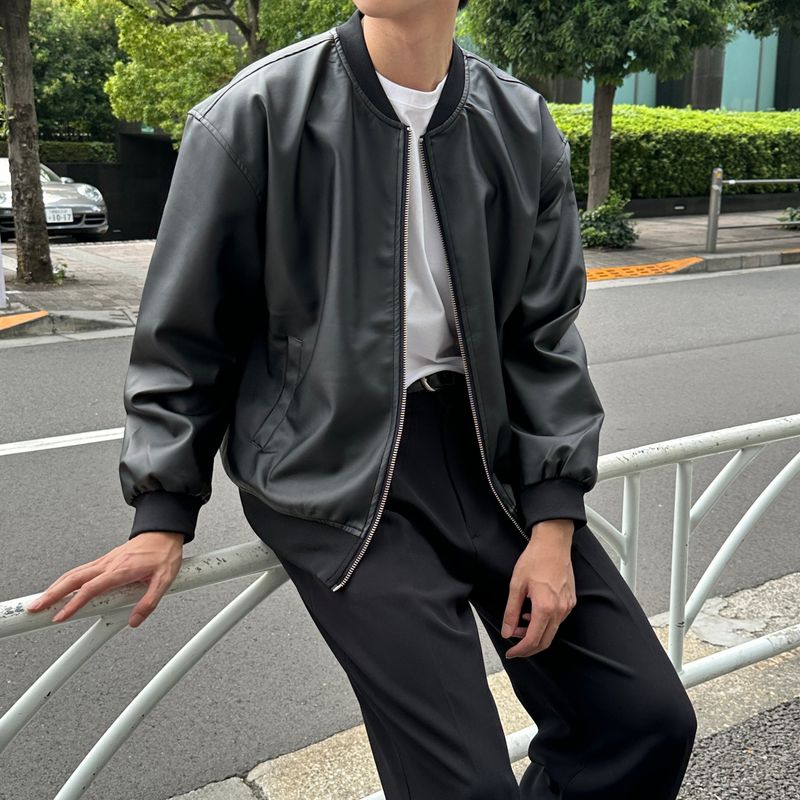 LMN Leather Oversized Fit MA-1 Jumper (Black)