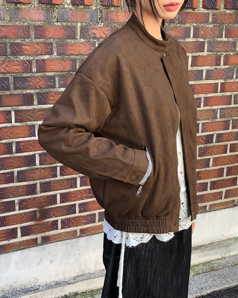 Shait Suede No Collar Snap Button Zipper Pocket Blouson Jacket