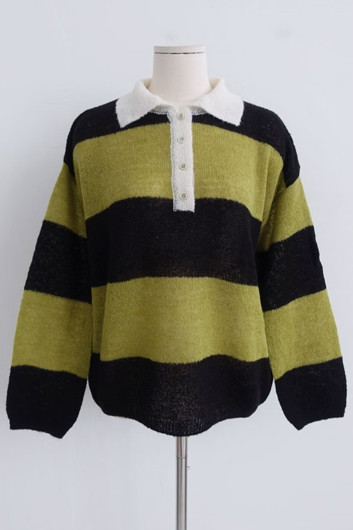 RUGBY STRIPED POLO SWEATER (5COLORS!)