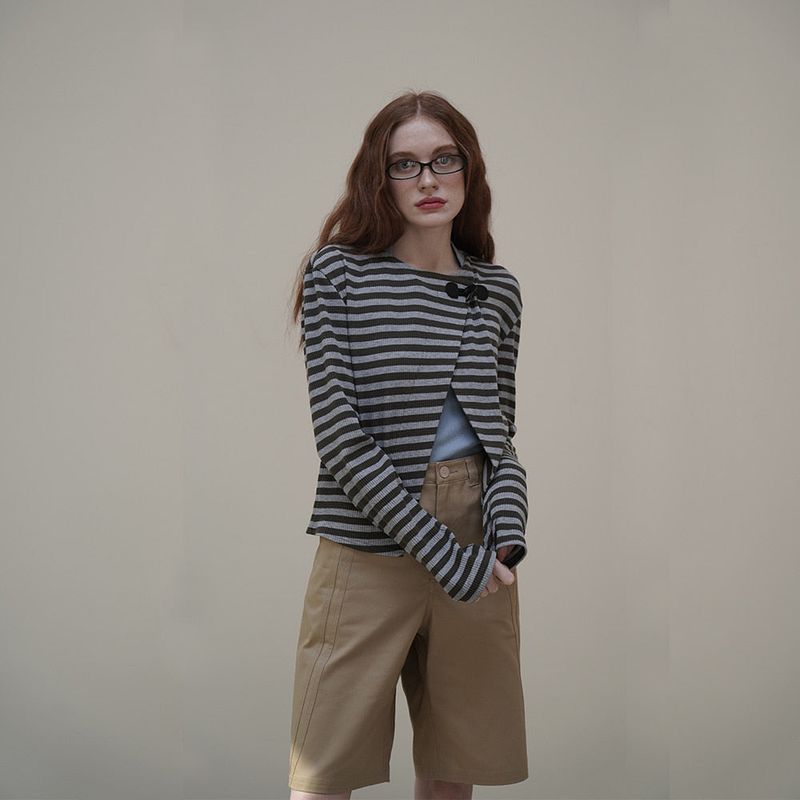 Khaki Toggle Patch Stripe Cardigan