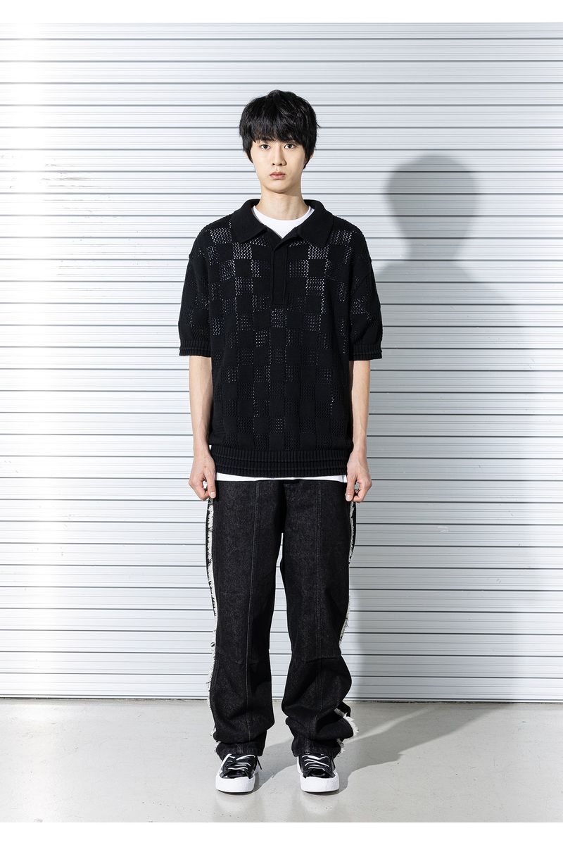 CHECKERBOARD MESHED KNIT HALF SHIRTS