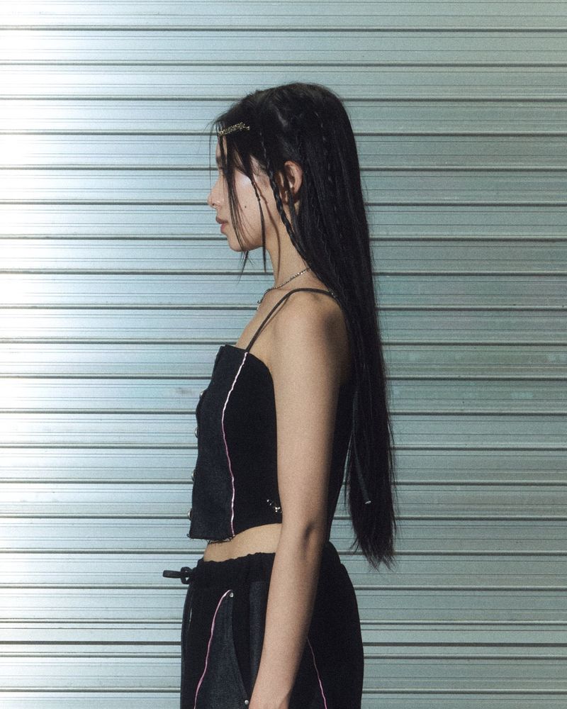 denim combi top - black