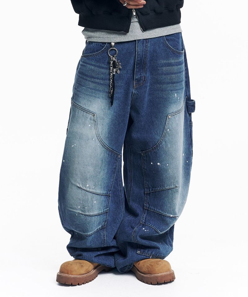 Curved Double Knee Denim Pants - Deep Blue