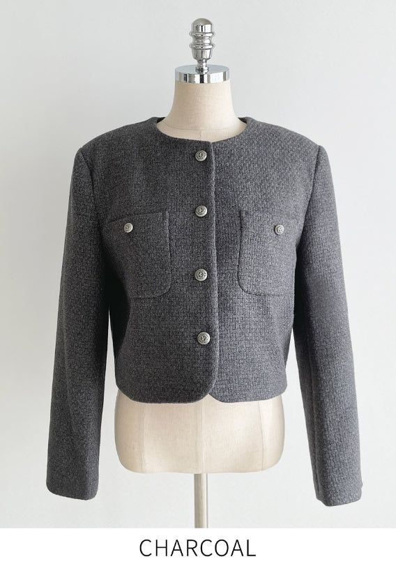 Deli Pocket No Collar Tweed Short Jacket