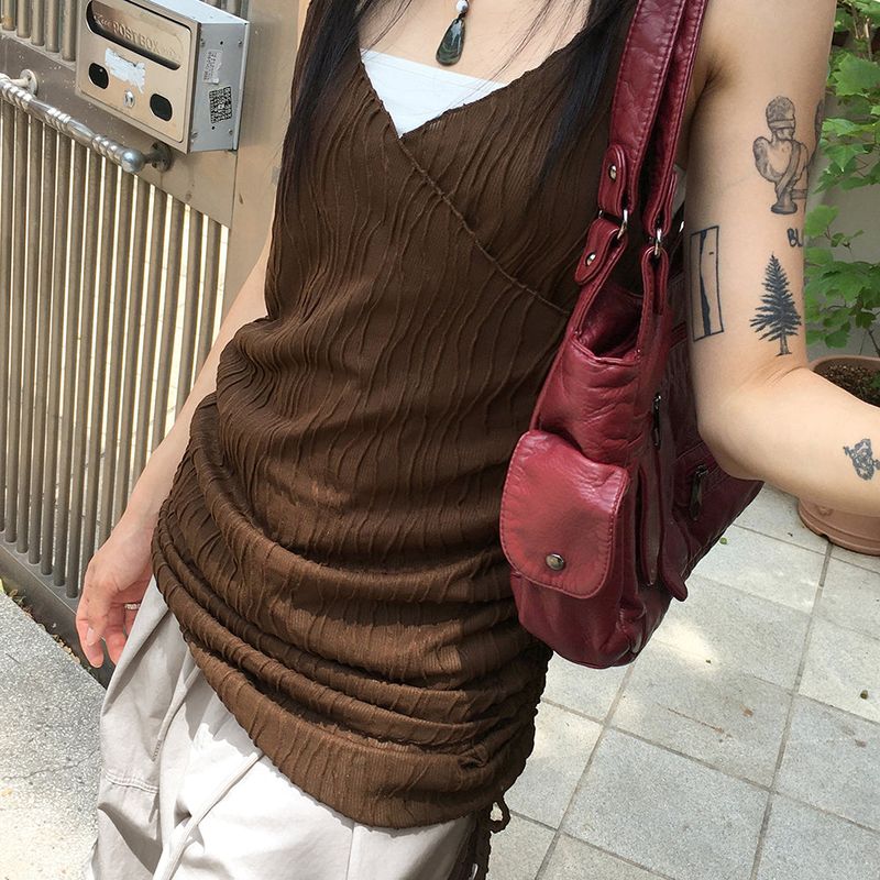 [MADE]  Mark Pleats Wrap Shirring Layered Mini Sleeveless Dress